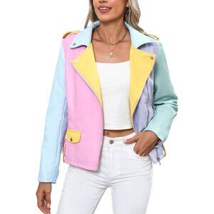 Women Faux Leather Motorcycle Jacket Multicolor Stand Collar with Pockets Coat